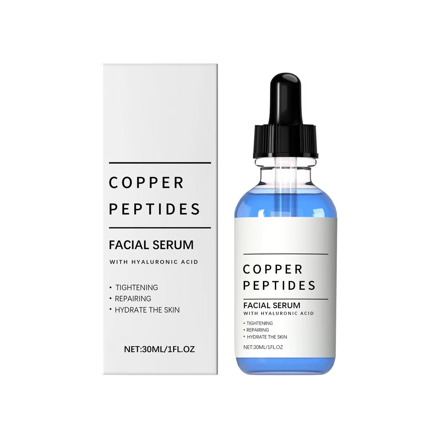 TitanGlow Copper Peptide Serum bottle and box, 30ml dropper serum