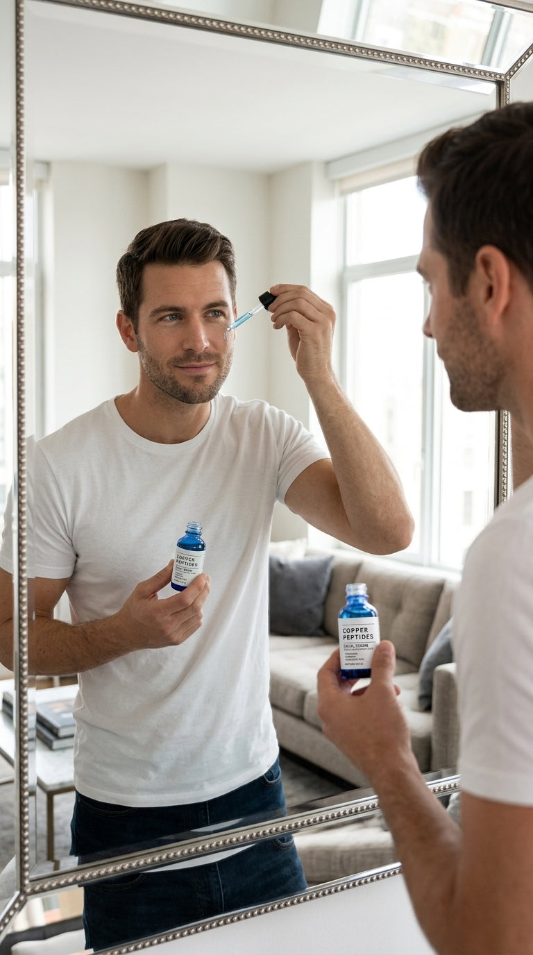 Man applying TitanGlow Copper Peptide Serum to face during skincare routine