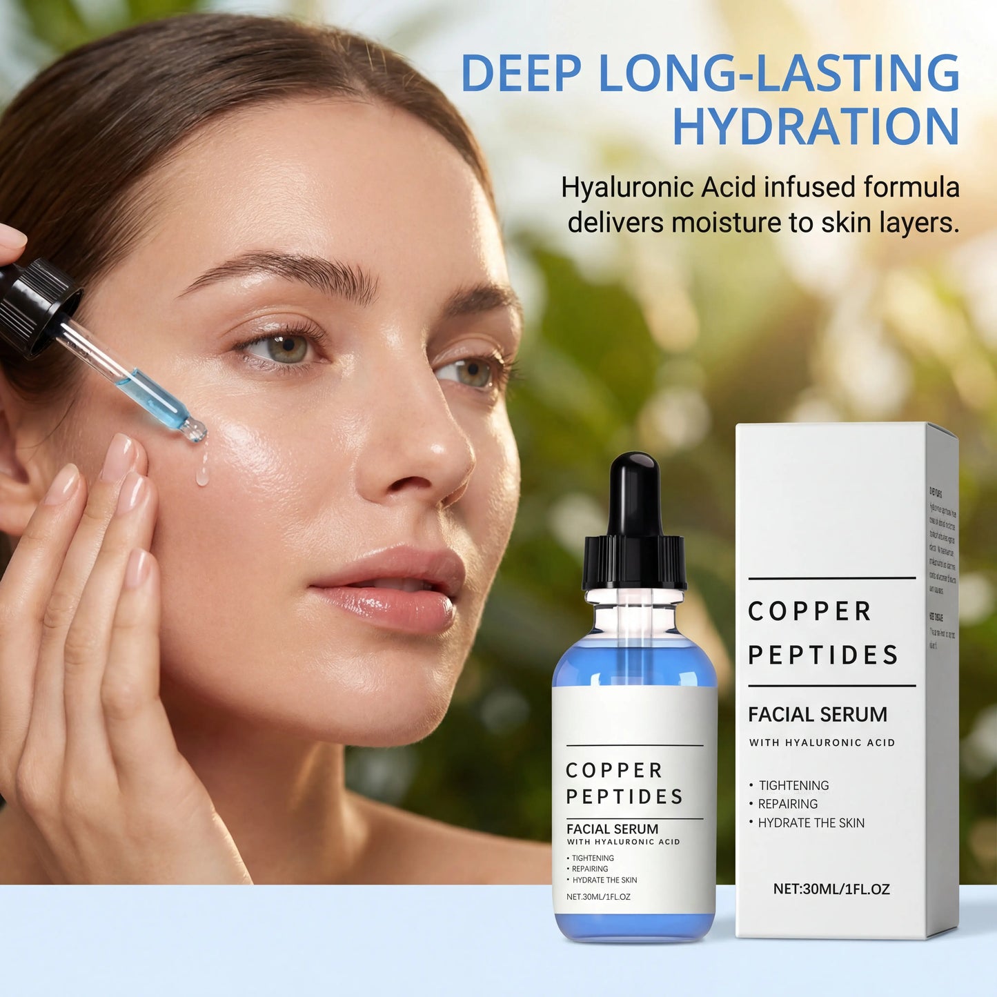 Woman with clear hydrated skin after using TitanGlow Copper Peptide Serum