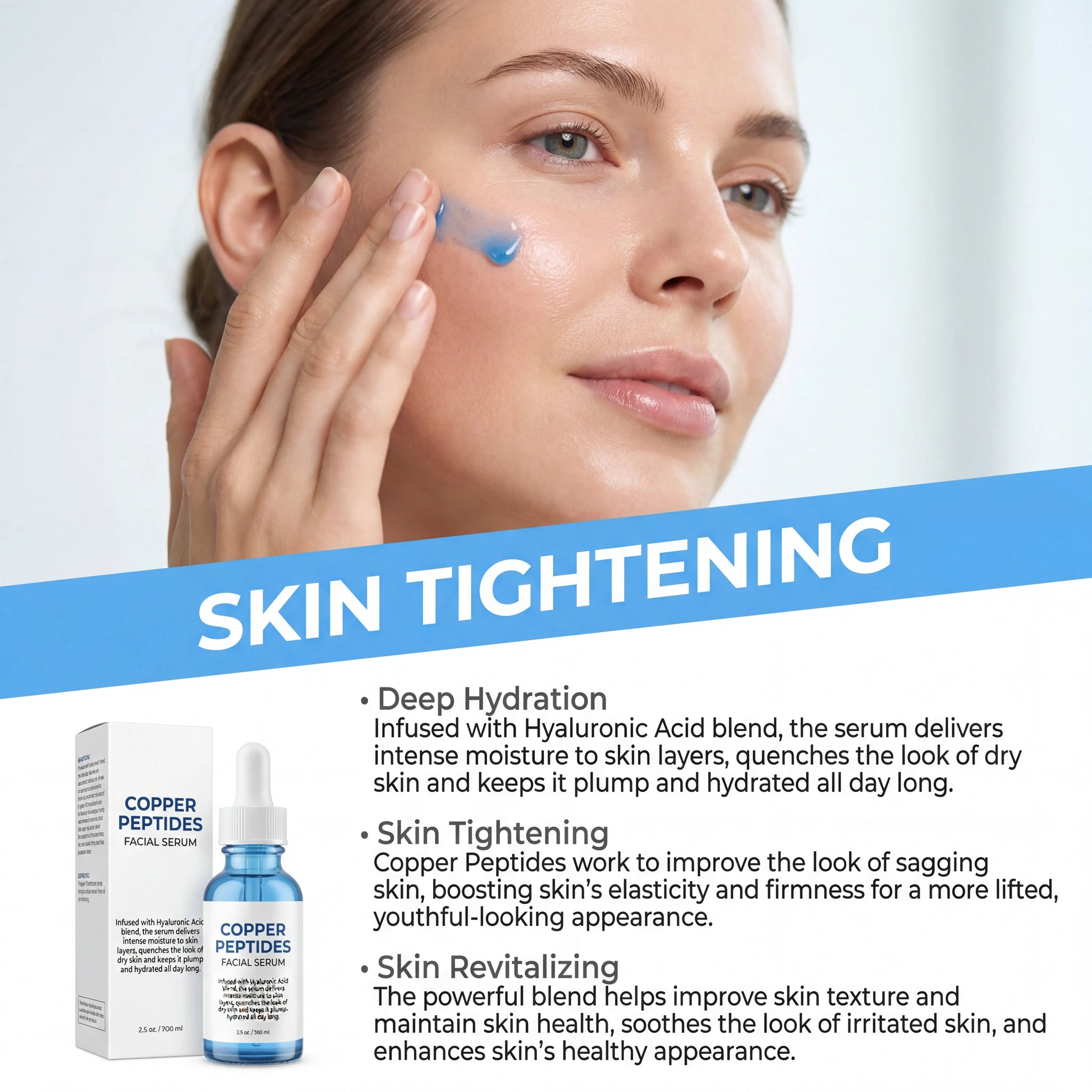 Close-up of TitanGlow Copper Peptide Serum dropper bottle and texture
