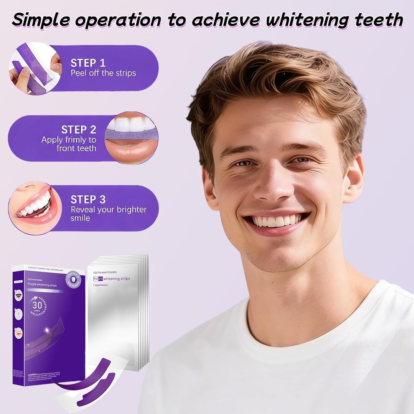 Purple Whitening Strips, Teeth Whitening Strips Removes Yellow Stains & Bad Breath, Enamel Safe for Sensitive Tooth, Whitens Teeth, Tooth Whitener with Non-Slip, Dry Strip Technology (1, S)
