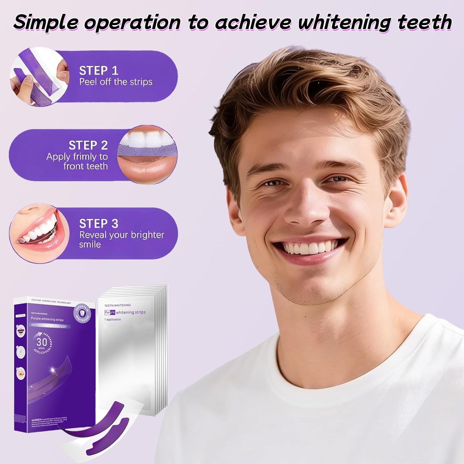 Purple Whitening Strips, Teeth Whitening Strips Removes Yellow Stains & Bad Breath, Enamel Safe for Sensitive Tooth, Whitens Teeth, Tooth Whitener with Non-Slip, Dry Strip Technology (1, S)