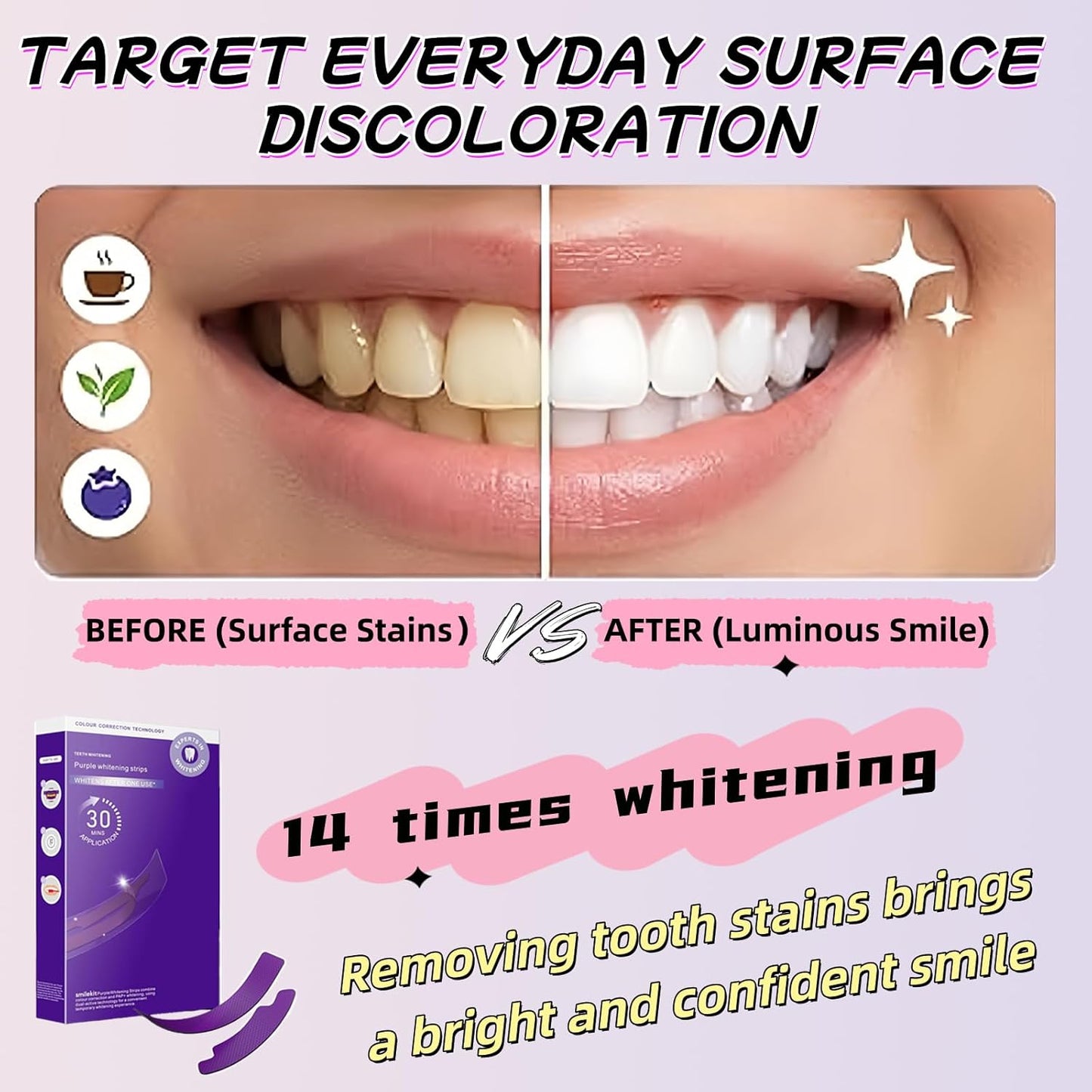 Purple Whitening Strips, Teeth Whitening Strips Removes Yellow Stains & Bad Breath, Enamel Safe for Sensitive Tooth, Whitens Teeth, Tooth Whitener with Non-Slip, Dry Strip Technology (1, S)